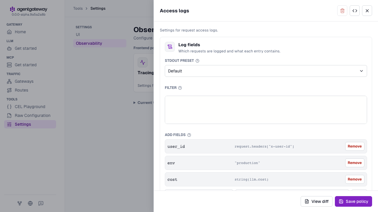 Access logs drawer with the user_id, env, and cost fields added