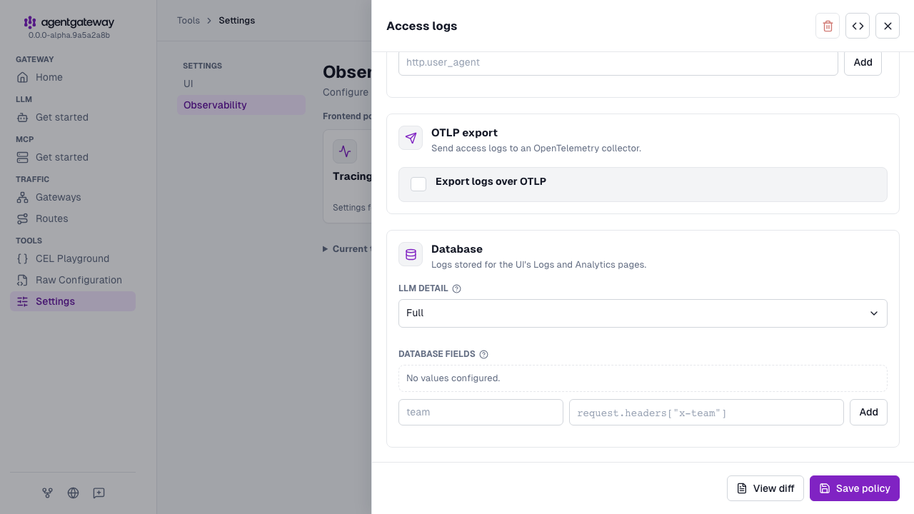 Access logs drawer with the Database section, where the LLM detail dropdown is set to Full