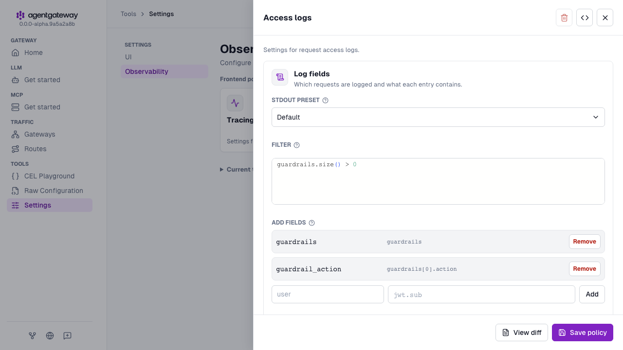 Access logs drawer with the guardrails.size() > 0 filter and the guardrails and guardrail_action fields