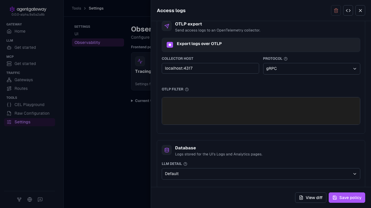 Access logs drawer with Export logs over OTLP selected, the collector host localhost:4317, and the gRPC protocol