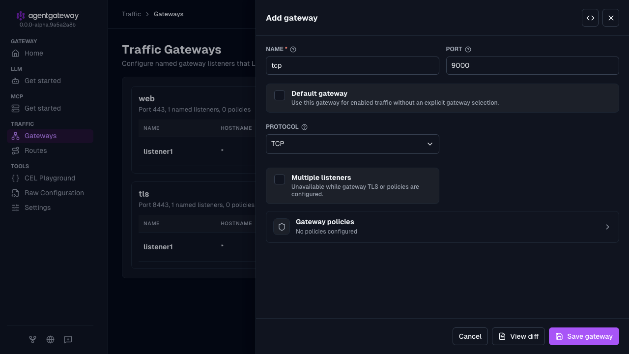 Add gateway drawer for the tcp gateway on port 9000 with the TCP protocol