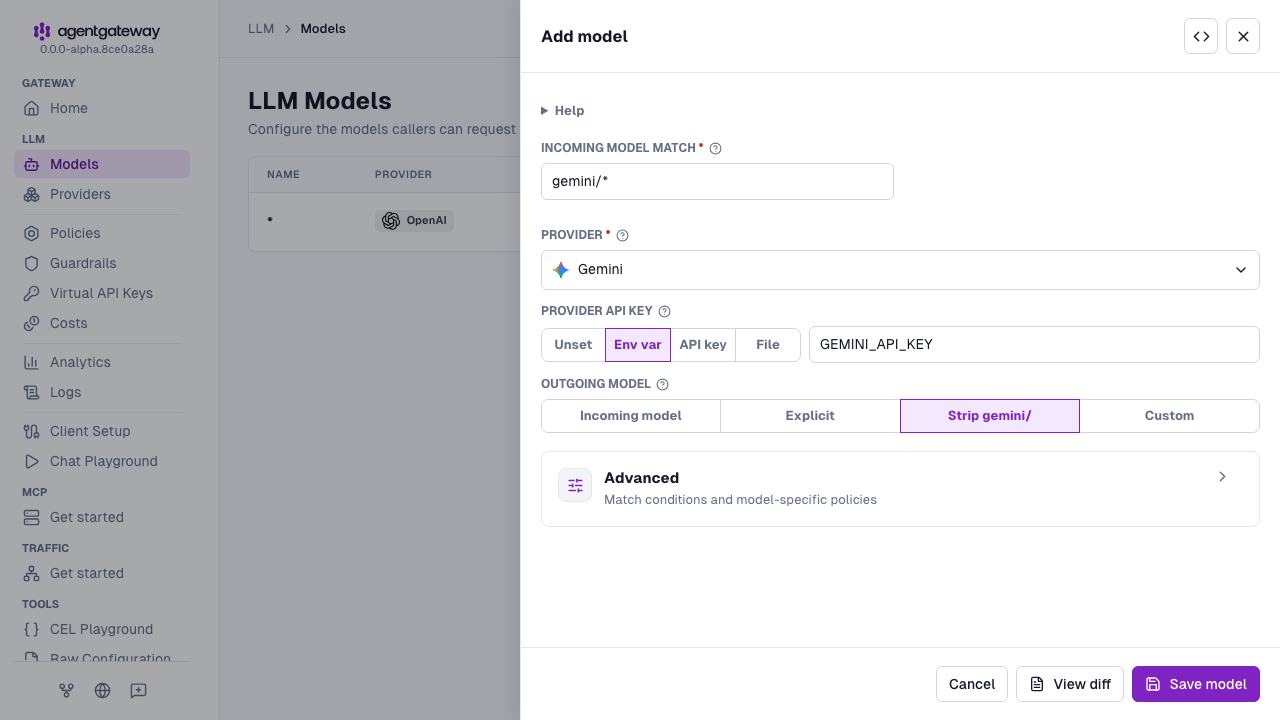 Add model drawer with Gemini selected as the provider, gemini/* as the incoming model match, and GEMINI_API_KEY as the environment variable for the provider API key