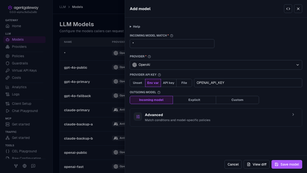 Add model drawer with the OpenAI provider, the * match, the OPENAI_API_KEY environment variable, and Incoming model as the outgoing model