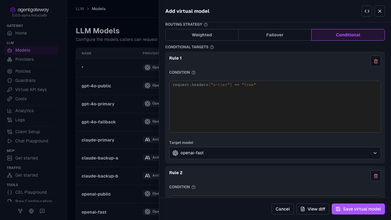 Add virtual model drawer for the adaptive virtual model with rule 1 that sends x-tier free requests to openai-fast