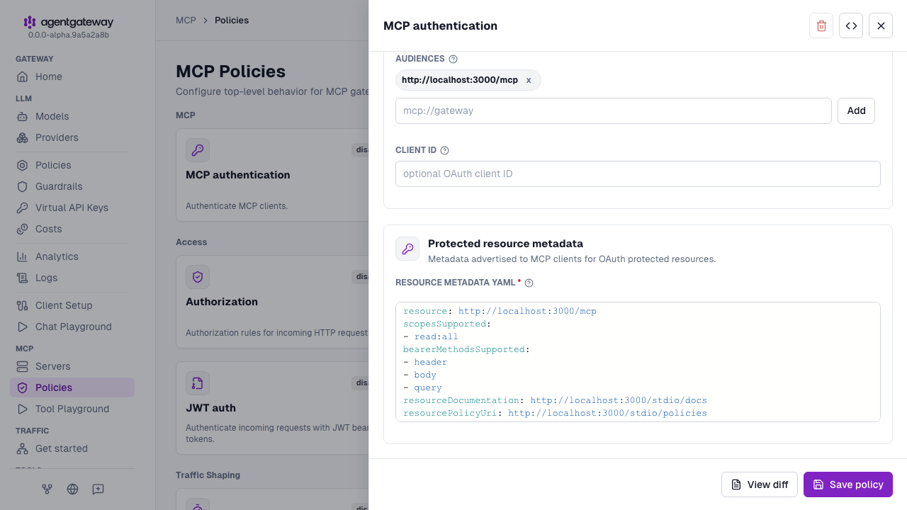 MCP authentication drawer scrolled to the resource metadata YAML for the Keycloak setup
