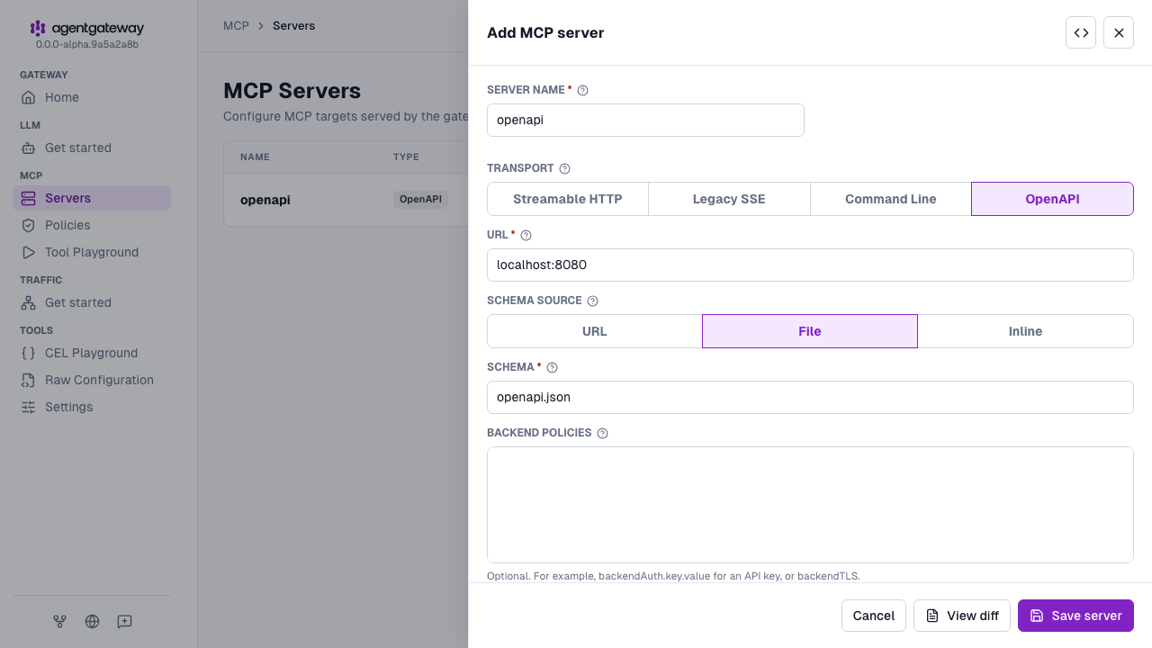 Add MCP server drawer for the openapi target with the OpenAPI transport, the localhost:8080 URL, and the openapi.json schema file