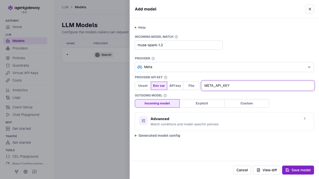 Add model form with Meta selected, muse-spark-1.3 as the incoming model match, and META_API_KEY as the credential environment variable