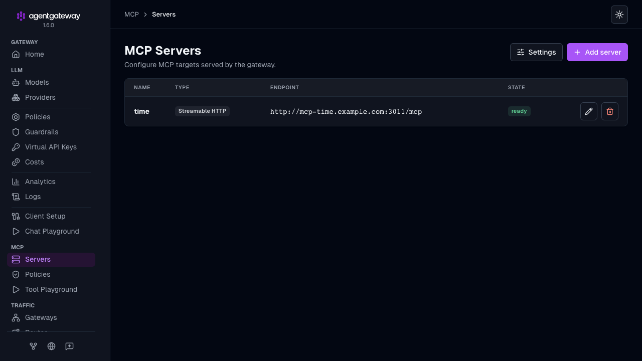 MCP Servers page with one Streamable HTTP server named time in the ready state